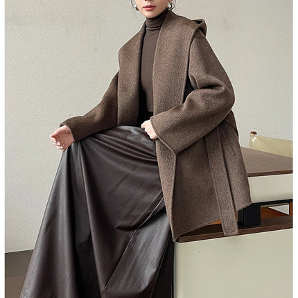 Brushed 100% Wool Coat Women Hooded Belted Wrap Coat Long-Pile Double-Faced Texture Unlined Relaxed Fit Short Coats Fall Winter
