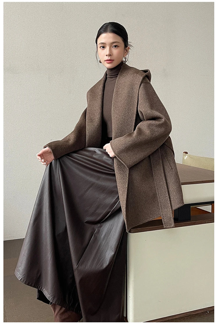Brushed 100% Wool Coat Women Hooded Belted Wrap Coat Long-Pile Double-Faced Texture Unlined Relaxed Fit Short Coats Fall Winter