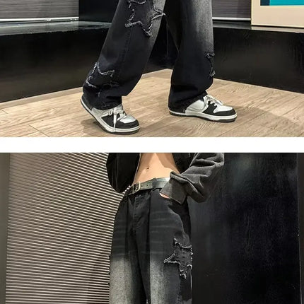 Jeans da Uomo Stile Hip-Hop Americano Taglia Asiatica, Pantaloni Larghi a Gamba Dritta di Tendenza Streetwear