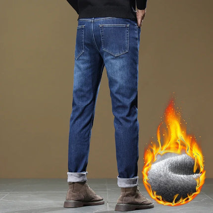 Autumn Winter Men Fleece Jeans Slight‑stretch Slim Straight Washed Thick Warm Denim Pants Luxury Outdoor Commute Casual Trousers