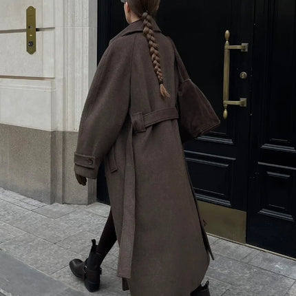 Women's Long Woolen Overcoats Stand Collar Single Breasted Lace Up Oversized Coat Autumn Winter Female Loose New Chic Outerwears
