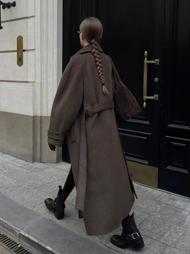 Women's Long Woolen Overcoats Stand Collar Single Breasted Lace Up Oversized Coat Autumn Winter Female Loose New Chic Outerwears