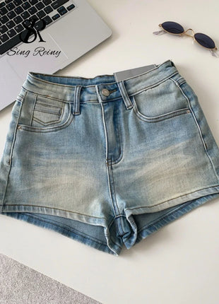 SINGREINY Pantaloncini in denim sfumato da donna, di alta qualità, estetici, casual, comodi, stile americano retrò, basici, da spiaggia