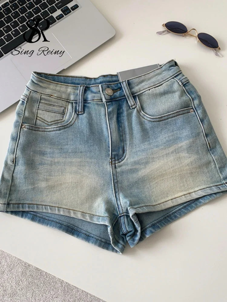 SINGREINY Pantaloncini in denim sfumato da donna, di alta qualità, estetici, casual, comodi, stile americano retrò, basici, da spiaggia