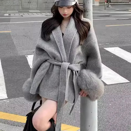 Coats for Women Autumn Winter New Elegant Long Sleeves V Neck Lace Up Woolen Coat Korean Fashion Casual Loose Street Trends Coat