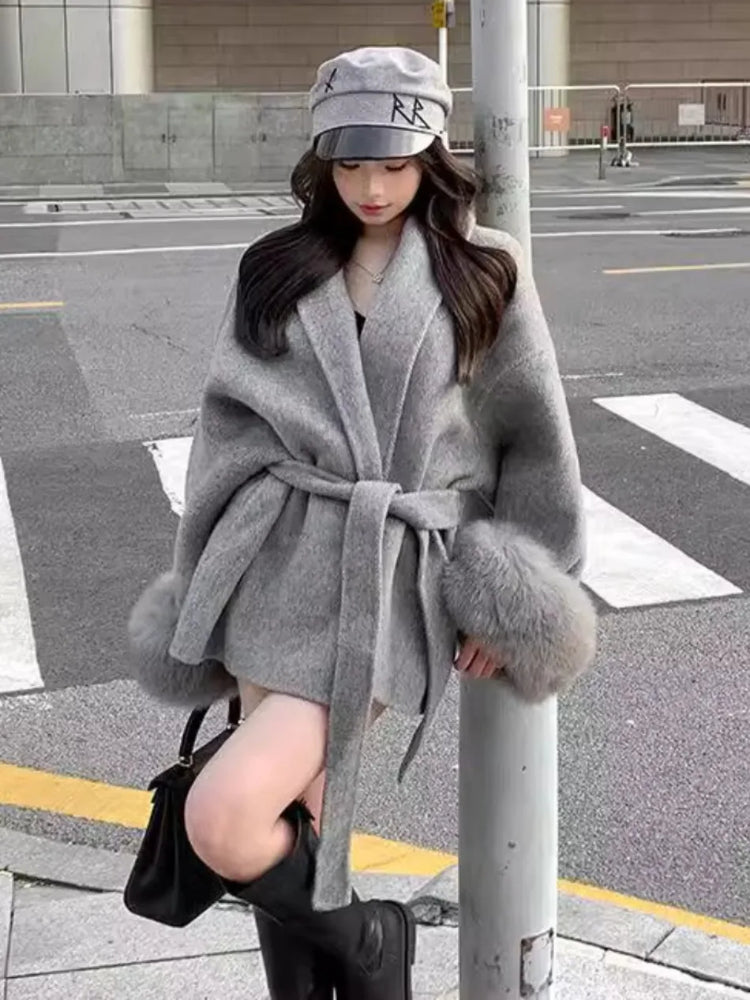 Coats for Women Autumn Winter New Elegant Long Sleeves V Neck Lace Up Woolen Coat Korean Fashion Casual Loose Street Trends Coat