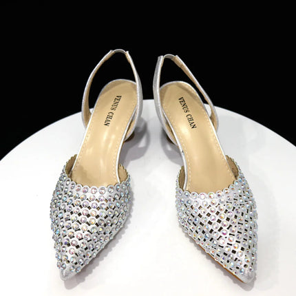 Venus Chan Pointed Toe Heels for Women 2023 Elegant Party Wine Color Full Diamond Pumps Italian Shoes and Bags Matching Set PlatiNum