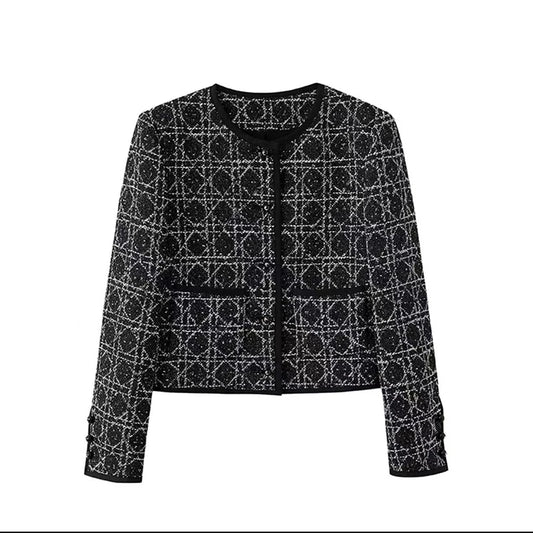 2025 new style fashionable European old money style tweed jacket slimming round neck rhombus top