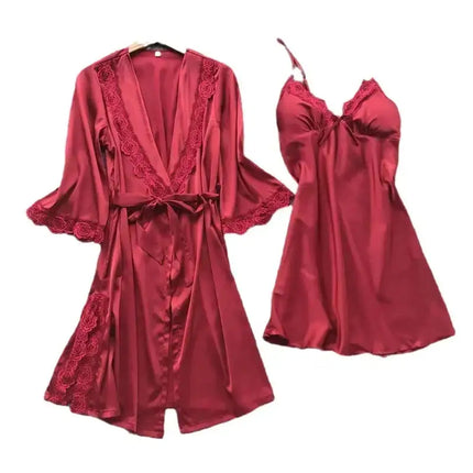 2PCS Women Lace Pajama Set Satin Home Pyjamas Lace Robe V-Neck Nightgown Bridal Silk Gown Women's Nightwear