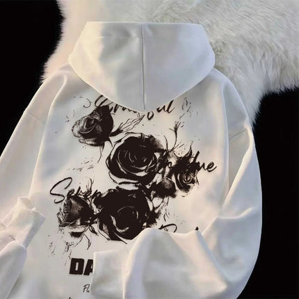 American Retro Black Rose Print Men Women Hooded Sweatshirt Autumn Winter Outdoor Vacation Fitness Casual Loose Warm Sportswear