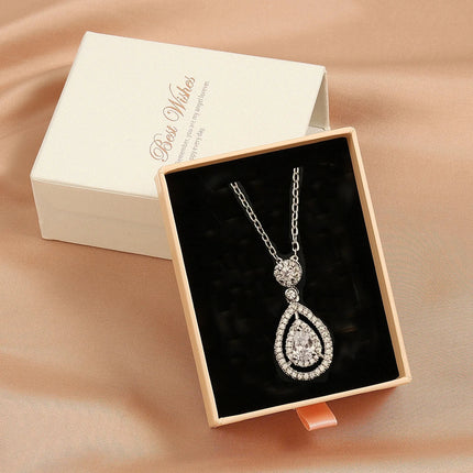 ZAKOL Simple Geometric Crystal White Zircon Pendant Necklace For Women Silver-Color Wedding Party Jewelry Gift With Box PlatiNum
