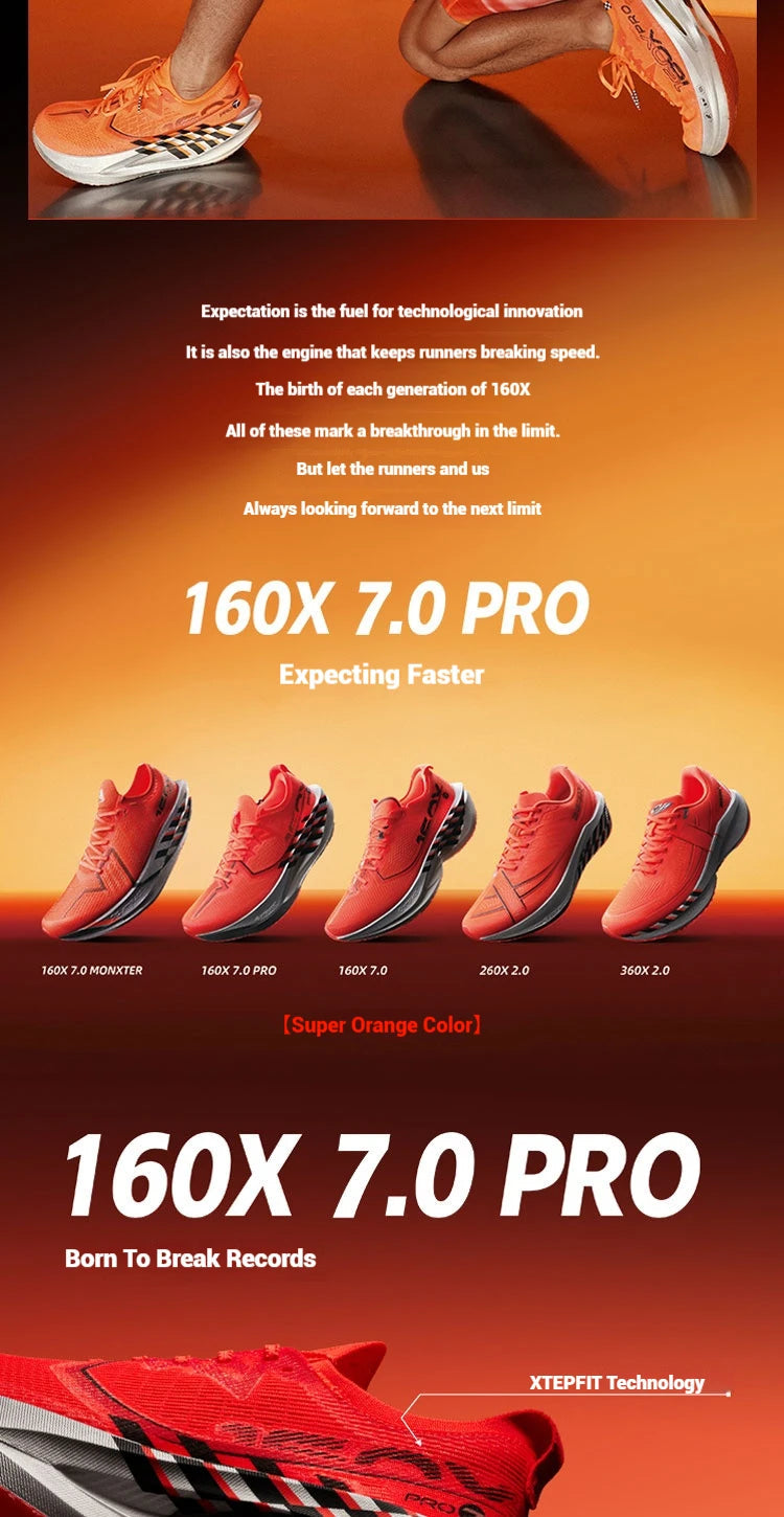Xtep 160X 7.0 Pro Running Shoes 2025 Professional Marathon PB Carbon Plate Sports Shoes Cushioning Shock Sneakers 975319110041 PlatiNum