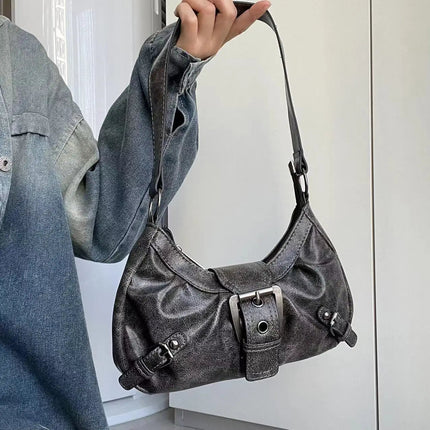 Y2K Vintage Distressed Leather Women Bag Shoulder Bag Maillard Style Underarm Purse Two Tone Crossbody Bag for Women PlatiNum