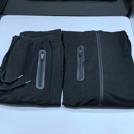 Men's Cotton Training Sets Gym Sportswear Zipper Hoodie Casual Sports Hooded 2-piece Top with Pants Black Sweatshirts Sweatpants PlatiNum