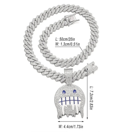 Men White Blue Cubic Zirconia Paved Hip Hop Round Face Pendants Necklaces with Cuban Chain Iced Out Bling CZ Fashion Boy Jewelry PlatiNum
