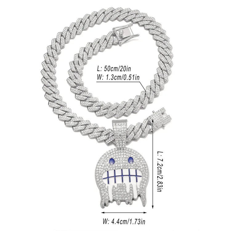Men White Blue Cubic Zirconia Paved Hip Hop Round Face Pendants Necklaces with Cuban Chain Iced Out Bling CZ Fashion Boy Jewelry PlatiNum