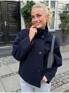 Elegant Women's Belt Short Woolen Coats Loose Stand Collar Single-breasted Long Sleeve Jacket 2026 Autumn Lady Commute Outwear