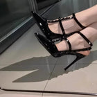 Nuovi sandali con tacco alto con borchie sottili, scarpe da donna sexy, scarpe Liuding, scarpe da donna finte e tacchi alti
