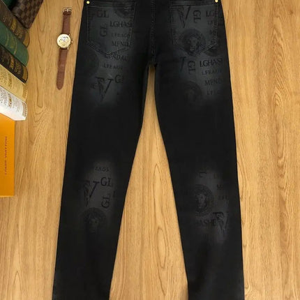 Spring and Autumn Korean Slim Jeans for Men 2025 High-end Luxury Clothing Black Printing Mid-waist Stretch Casual Pencil Pants PlatiNum