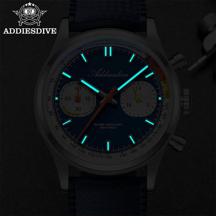 ADDIESDIVE New Men Watch 38mm VK64 Chronograph Fluororubber Luxury Domed Glass BGW9 Luminous 100m Waterproof Quartz Wristwatch
