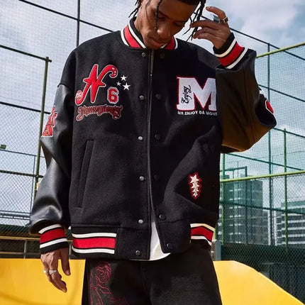 Bomber Jacket Men Women Flocking Hip Hop Loose Casual Patchwork Coat Unisex Embroidery High Street Varsity Baseball Outwear 2023