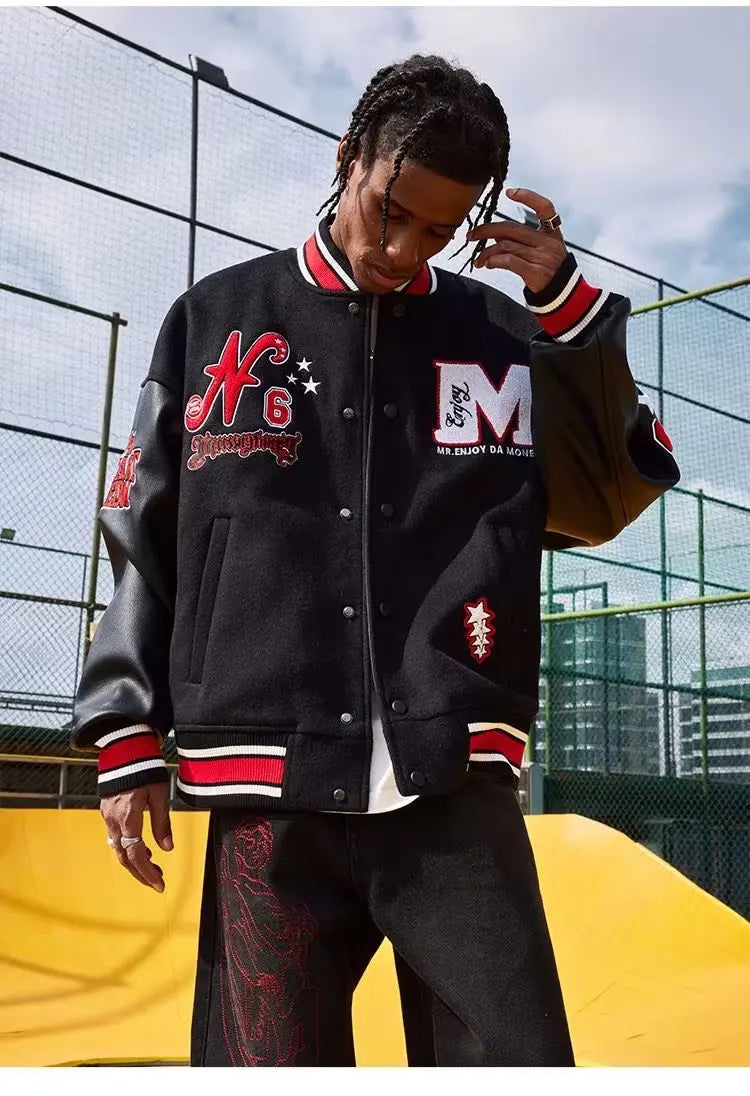 Bomber Jacket Men Women Flocking Hip Hop Loose Casual Patchwork Coat Unisex Embroidery High Street Varsity Baseball Outwear 2023