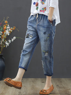 Amax luluE 2025 Moda Estate Streetwear Pantaloni in denim Donna Vintage Jeans elastici Donna Casual Allentato Ricamo Pantaloni Harem