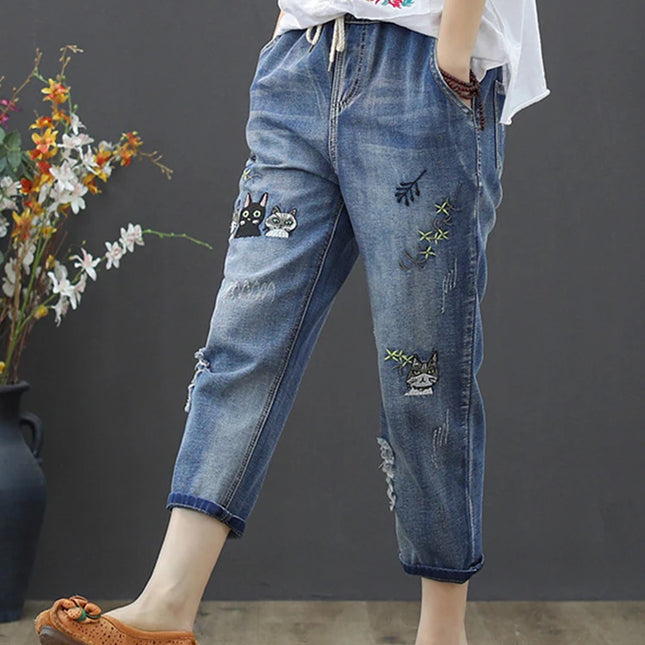 Amax luluE 2025 Moda Estate Streetwear Pantaloni in denim Donna Vintage Jeans elastici Donna Casual Allentato Ricamo Pantaloni Harem