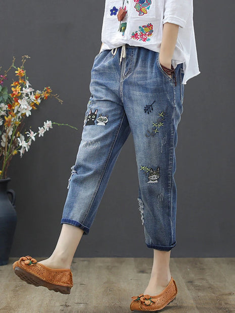 Amax luluE 2025 Fashion Summer Streetwear Denim Pants Women Vintage Elastic Jeans Women Casual Loose Embroidery Harem Pants