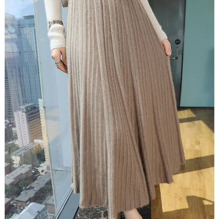 FRSEUCAG Autumn and winter women's warm half skirt 100% mink cashmere pleated skirt thick long skirt soft and loose fashionable PlatiNum