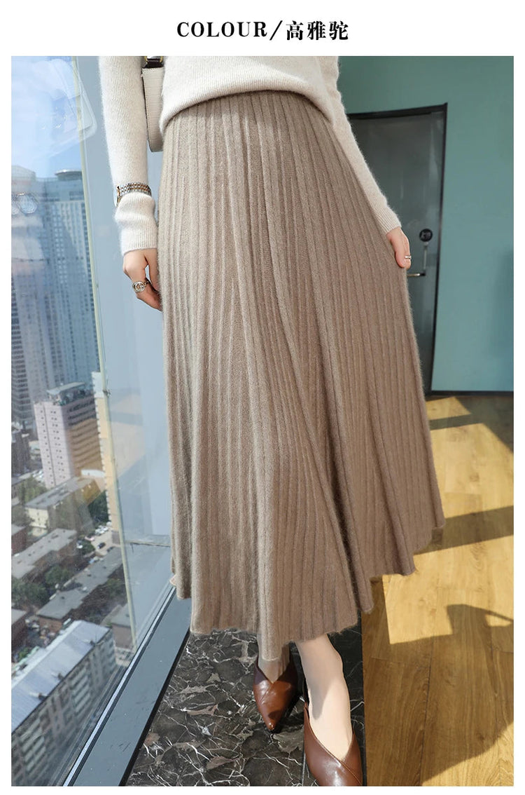 FRSEUCAG Autumn and winter women's warm half skirt 100% mink cashmere pleated skirt thick long skirt soft and loose fashionable PlatiNum