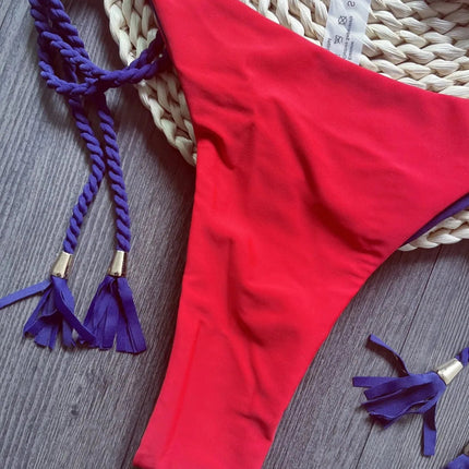 Costume da bagno sexy da donna in tinta unita, due pezzi, triangolare, con corda intrecciata, set bikini, costume da bagno da spiaggia, Biquinis brasiliani platinumshop
