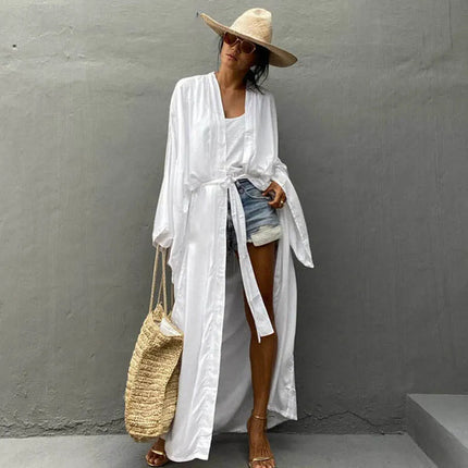 Solid Beach Cover Up Women Self Belted Wrap Kimono Dress Costume da bagno 2025 New Robe Summer Beachwear Fornitura in fabbrica platinumshop