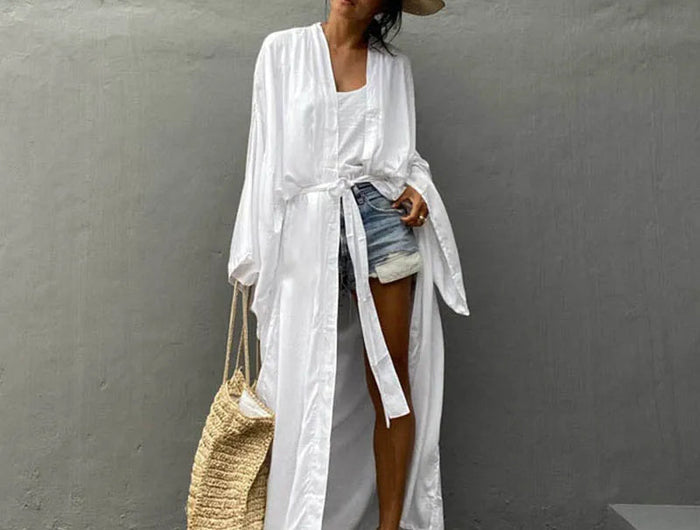 Solid Beach Cover Up Women Self Belted Wrap Kimono Dress Costume da bagno 2025 New Robe Summer Beachwear Fornitura in fabbrica platinumshop