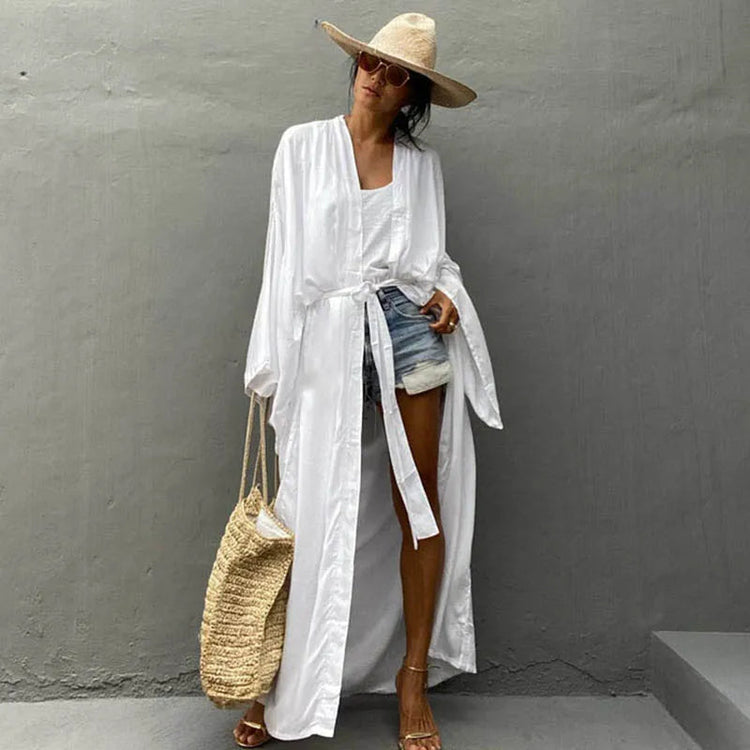 Solid Beach Cover Up Women Self Belted Wrap Kimono Dress Costume da bagno 2025 New Robe Summer Beachwear Fornitura in fabbrica platinumshop