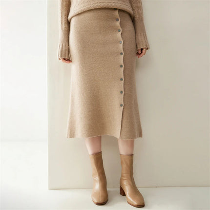 Women 100% Cashmere Skirts Office Lady Autumn Winter Knitted High Waist A-Skirt Graceful Long Warm front-open skirt with buttons PlatiNum
