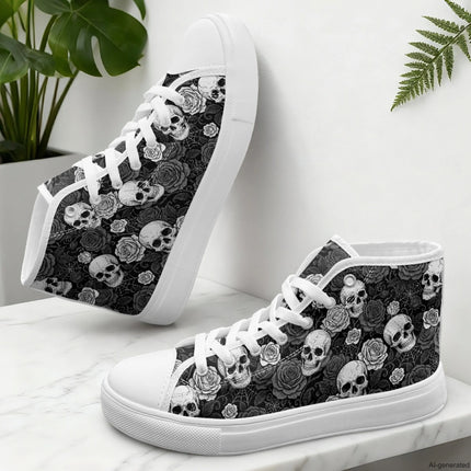 XIXIRIMIDO Red Canvas Sneakers Men New Canvas Sneakers Halloween Shoes Woman Comfortable High-Top Canvas Shoes Skull Pattern