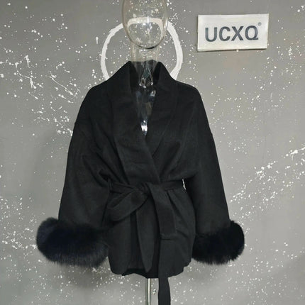 UCXQ Elegant Woolen Coat Temperament Office Lady Overcoats Fur Patchwork Long Sleeve Beautiful Women's Coats 2025 Winter New