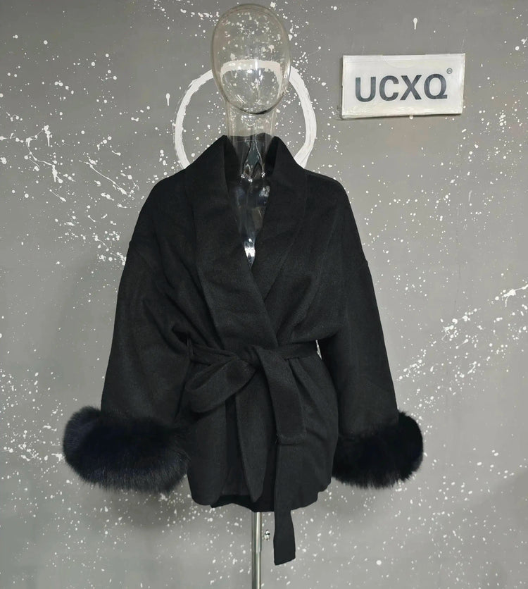 UCXQ Elegant Woolen Coat Temperament Office Lady Overcoats Fur Patchwork Long Sleeve Beautiful Women's Coats 2025 Winter New