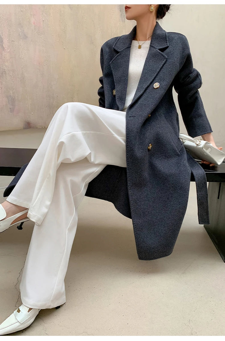Ladies' 100% Cashmere Thick Double-Sided Extended Coat, Classic, Versatile and Fashionable for Business and Leisure