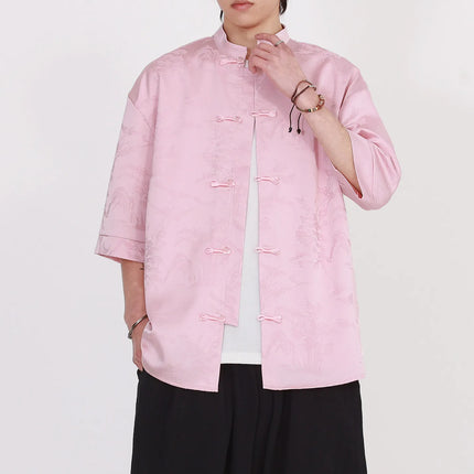 Camicie Estive da Uomo di Lusso in Jacquard Traspirante a Maniche Corte, Stile Cinese Tradizionale Kung Fu Tai Chi, Camicia Casual da Uomo