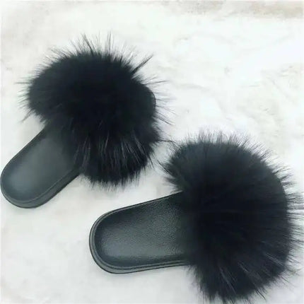 Real Raccoon Fur Slippers for Women 2023 Summer Fluffy Indoor Home Fuzzy Flat Slides Outdoor Fashion Beach Sandals Flip Flops
