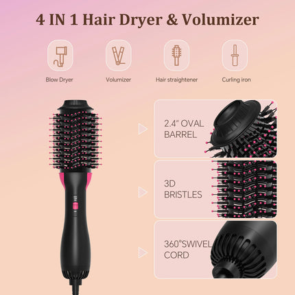 Blow Hair Dryer Brush, One-Step Hot Air Styler & Volumizer, Ionic Blowout Brush for Drying Straightening Curling, 3 Heat/2 Speed Settings, Anti-Frizz Ceramic Titanium, UK Plug