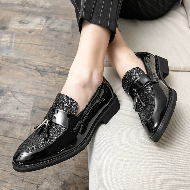 Mocassini di Lusso da Uomo con Tacco Basso, Slip-on Casual in Pelle Dorata, Scarpe da Festa con Nappe, Scarpe Eleganti da Uomo, Scarpe con Plateau da Uomo
