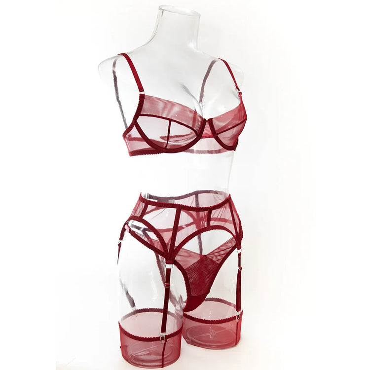 Luxury Dark Style 4Pcs Women's Lingerie Set Push-up Underwire Bra Garter Belt Thong Panty Stocking Erotic Intimate Outfits