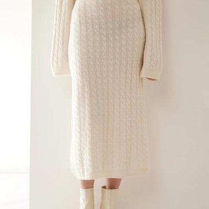 Autumn Winter 100% Cashmere Skirt Women Soild Mid-calf  High Waist Twist Flower Fit Slimming Knitted Dress  Light Luxury Elegant PlatiNum