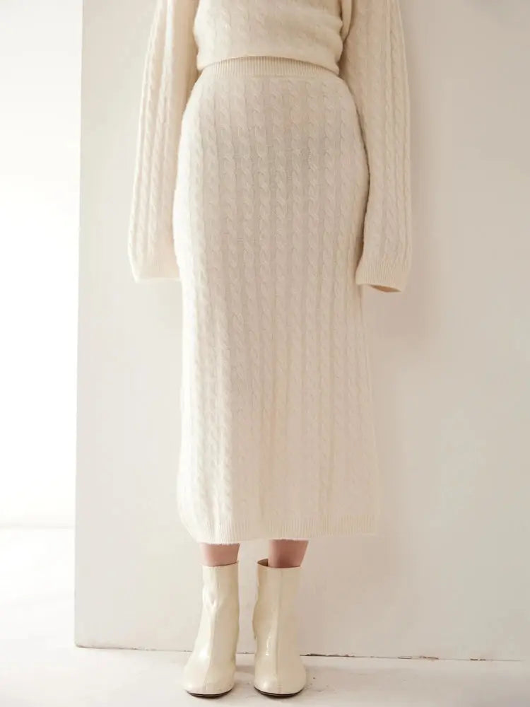 Autumn Winter 100% Cashmere Skirt Women Soild Mid-calf  High Waist Twist Flower Fit Slimming Knitted Dress  Light Luxury Elegant PlatiNum