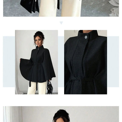 Elegant Stand Collar Tie Waist Cape Design Wool Coat, Coats for Women Spring Summer Outerwear with Chic Overcoat Style