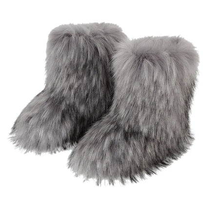 Women Faux Fur Boots Winter Fluffy Plush Warm Mid Calf Snow Boots Luxury Fashion Furry Boots Comfortable Outdoor Flat Shoes