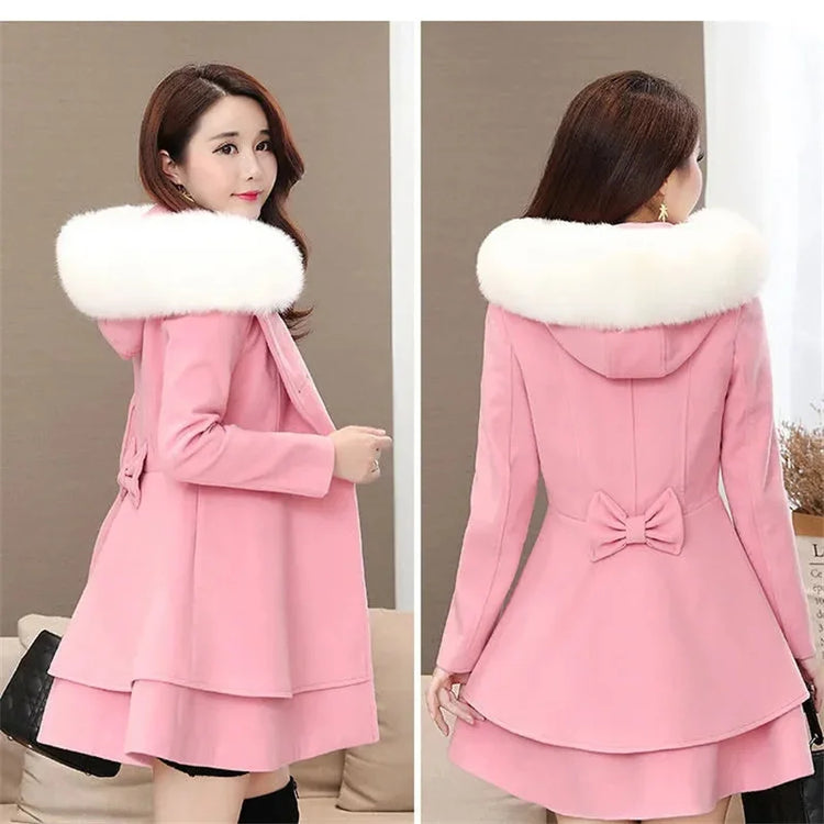 2023 New Winter Women's Woolen Blend Coat A-Line Double-Breasted Jackets Female Fur Collar Office Lady Wool Outwear
